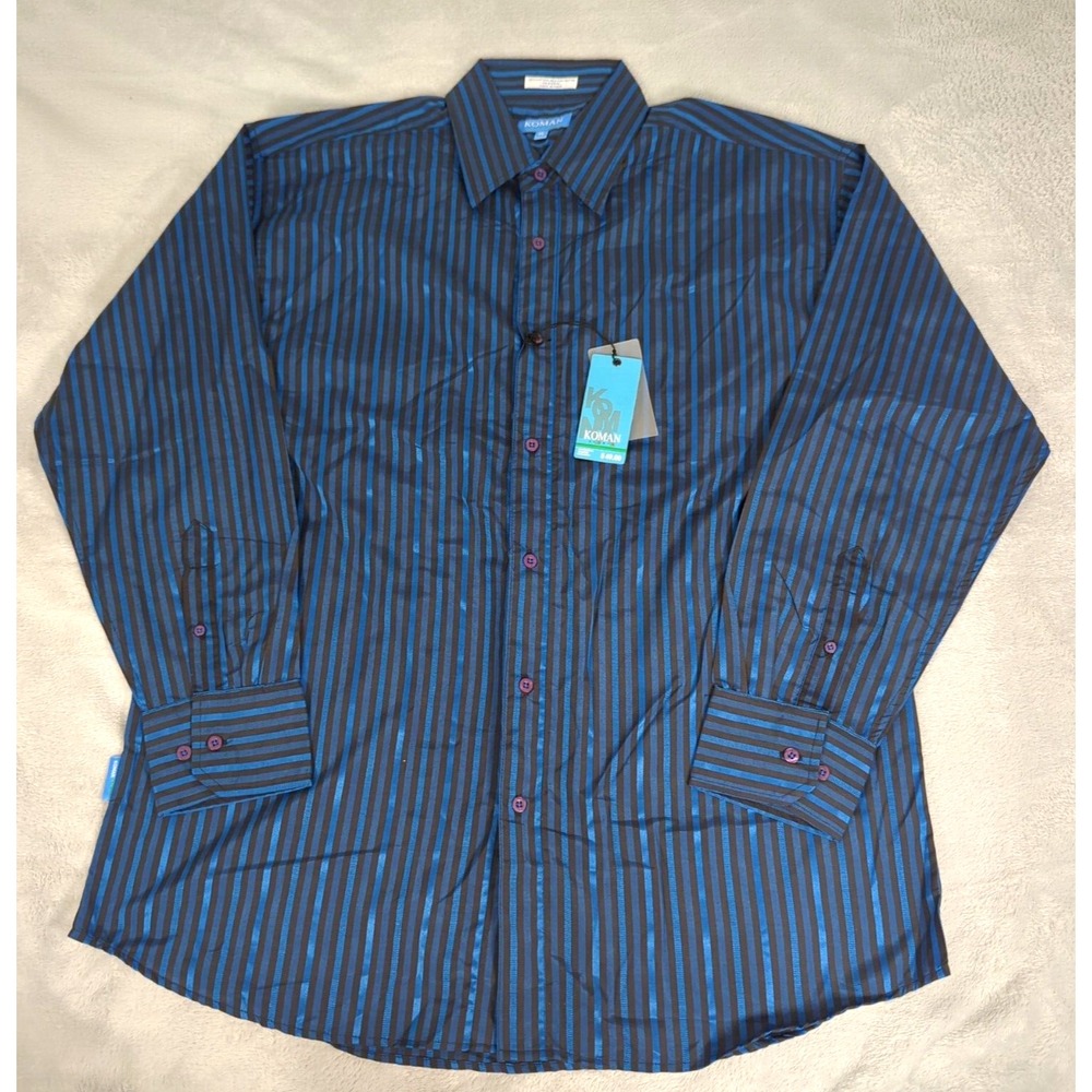 Koman Shirt Mens XL Navy Blue Striped Long Sleeve Button Up Casual Formal NEW